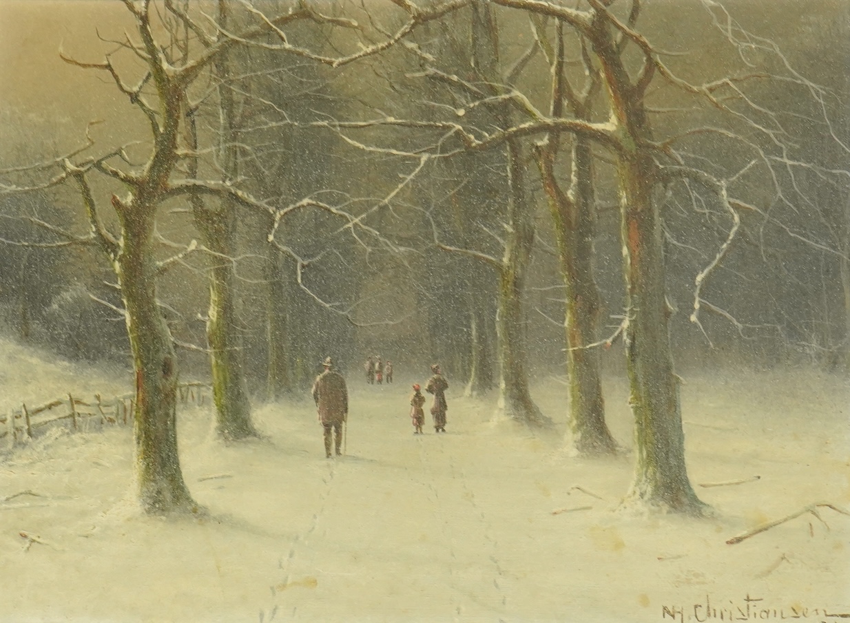 Nils Hans Christiansen (Danish, 1850-1922), oil on board, Figures on a lane in winter, signed, 21 x 29cm. Condition- fair/good